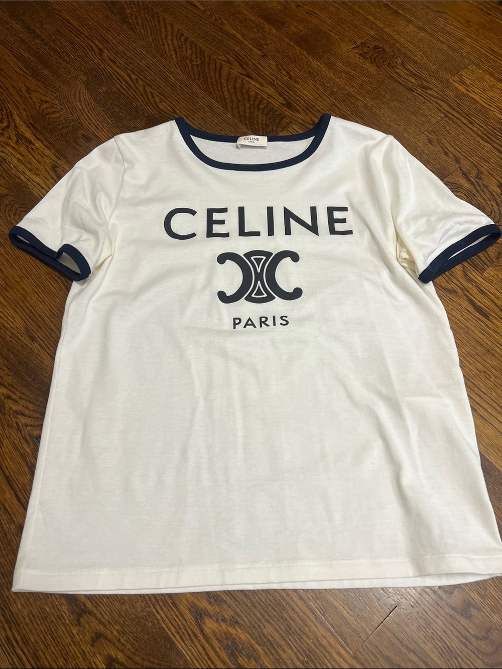 Celine White Tee with Navy Logo & Trim